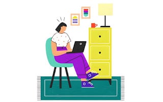 Graphic of a female employee sitting with her legs crossed with her laptop on her lap working