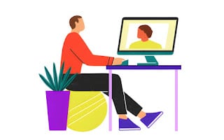 Graphic of an employee sitting on a yoga ball working on his computer