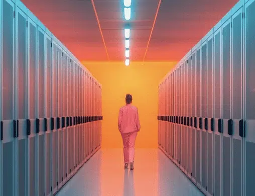 Colorful image of a person walking down a hallway of server/database racks