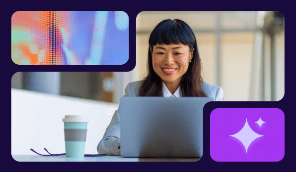 Woman in business clothes smiling and working on her laptop computer