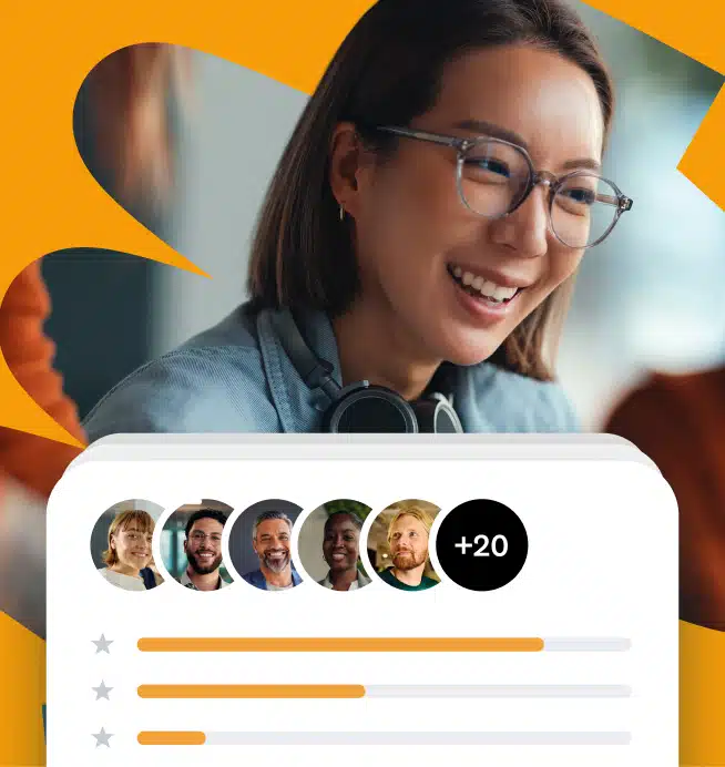 Female employee with glasses and headphones laughing and reviewing some work